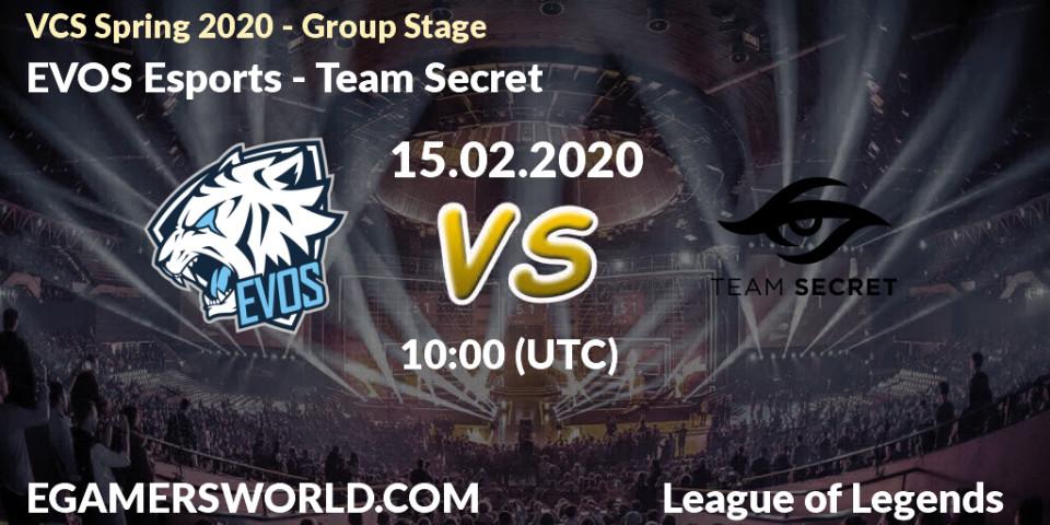Pronósticos EVOS Esports - Team Secret. 15.02.2020 at 10:00. VCS Spring 2020 - Group Stage - LoL