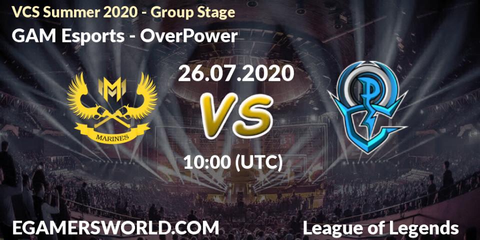 Pronósticos GAM Esports - OverPower. 26.07.2020 at 09:43. VCS Summer 2020 - Group Stage - LoL