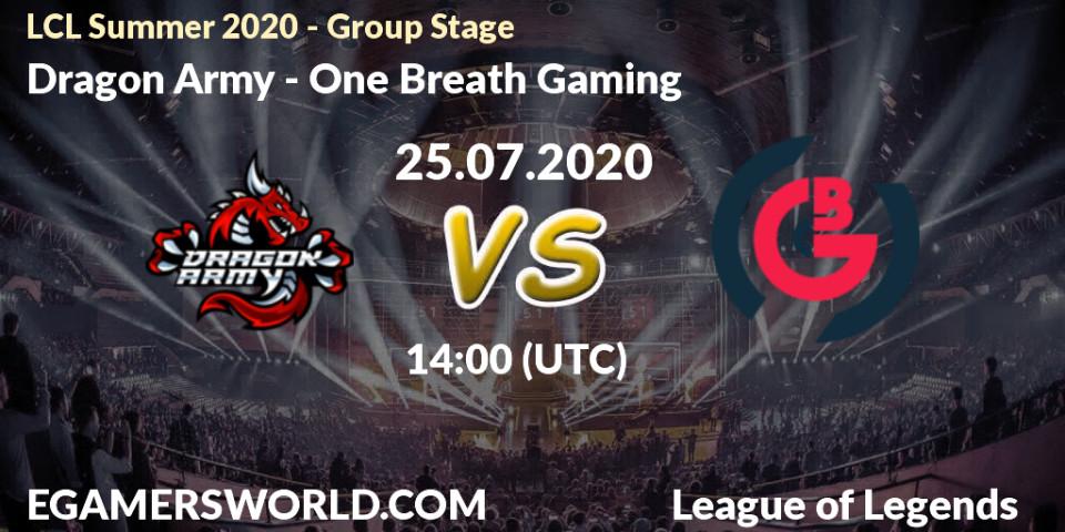 Pronósticos Dragon Army - One Breath Gaming. 25.07.2020 at 14:00. LCL Summer 2020 - Group Stage - LoL