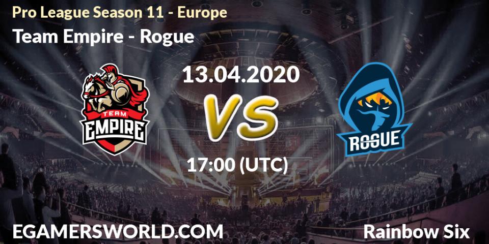 Pronósticos Team Empire - Rogue. 13.04.2020 at 18:15. Pro League Season 11 - Europe - Rainbow Six