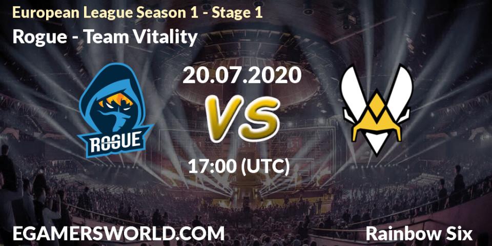 Pronósticos Rogue - Team Vitality. 20.07.2020 at 17:00. European League Season 1 - Stage 1 - Rainbow Six