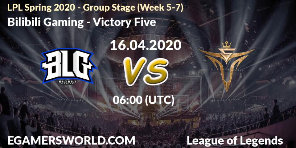 Pronósticos Bilibili Gaming - Victory Five. 16.04.2020 at 07:00. LPL Spring 2020 - Group Stage (Week 5-7) - LoL
