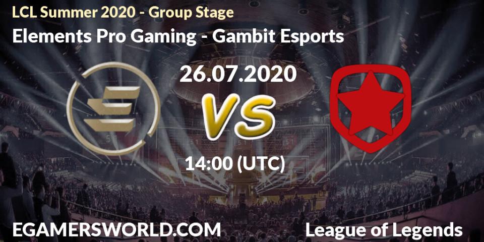 Pronósticos Elements Pro Gaming - Gambit Esports. 26.07.20. LCL Summer 2020 - Group Stage - LoL