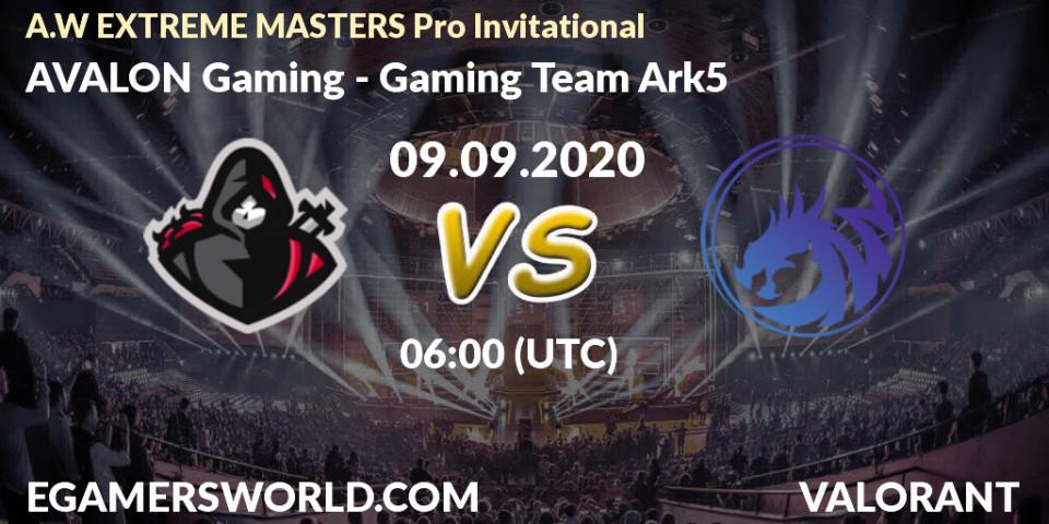 Pronósticos AVALON Gaming - Gaming Team Ark5. 09.09.2020 at 06:00. A.W EXTREME MASTERS Pro Invitational - VALORANT