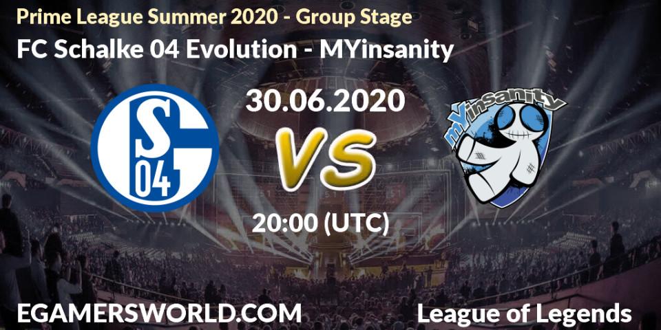 Pronósticos FC Schalke 04 Evolution - MYinsanity. 30.06.2020 at 17:00. Prime League Summer 2020 - Group Stage - LoL