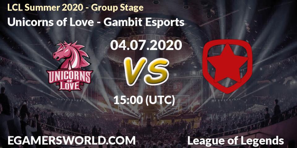Pronósticos Unicorns of Love - Gambit Esports. 04.07.2020 at 15:00. LCL Summer 2020 - Group Stage - LoL