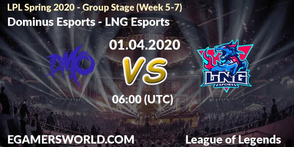 Pronósticos Dominus Esports - LNG Esports. 01.04.2020 at 06:00. LPL Spring 2020 - Group Stage (Week 5-7) - LoL