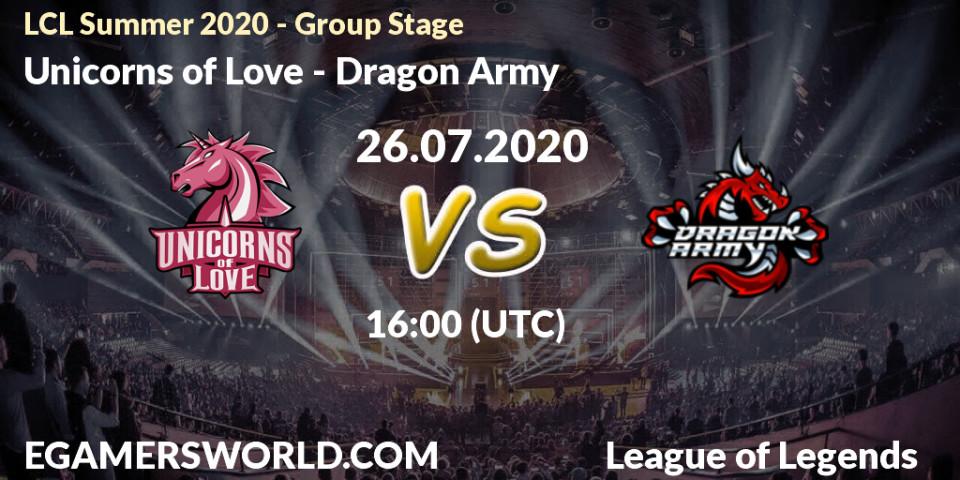 Pronósticos Unicorns of Love - Dragon Army. 26.07.2020 at 16:10. LCL Summer 2020 - Group Stage - LoL
