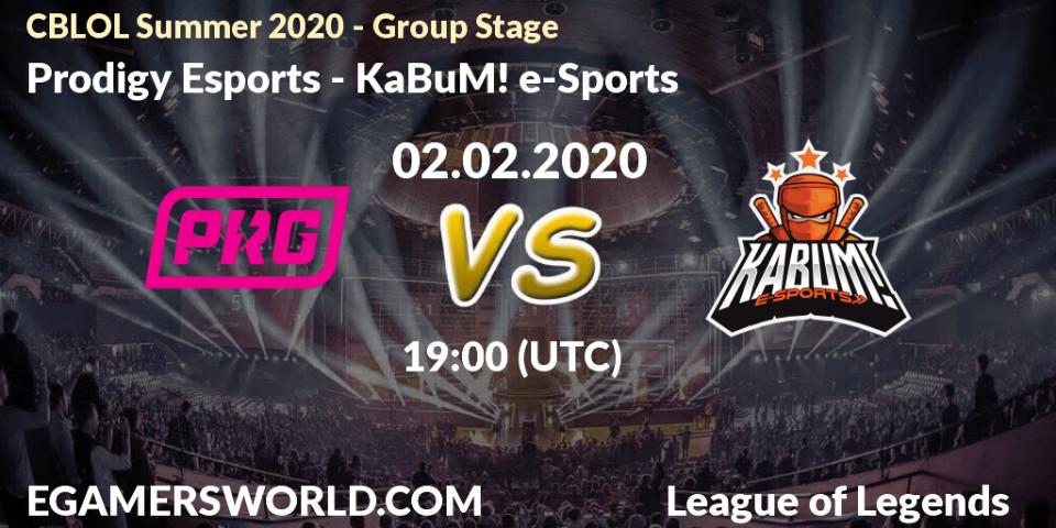 Pronósticos Prodigy Esports - KaBuM! e-Sports. 02.02.2020 at 19:00. CBLOL Summer 2020 - Group Stage - LoL