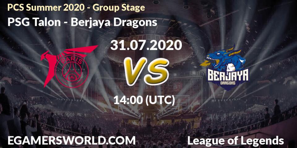 Pronósticos PSG Talon - Berjaya Dragons. 31.07.2020 at 14:00. PCS Summer 2020 - Group Stage - LoL