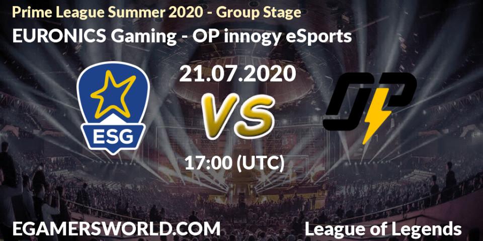 Pronósticos EURONICS Gaming - OP innogy eSports. 21.07.2020 at 16:00. Prime League Summer 2020 - Group Stage - LoL