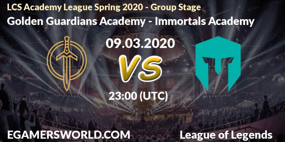 Pronósticos Golden Guardians Academy - Immortals Academy. 09.03.2020 at 22:00. LCS Academy League Spring 2020 - Group Stage - LoL