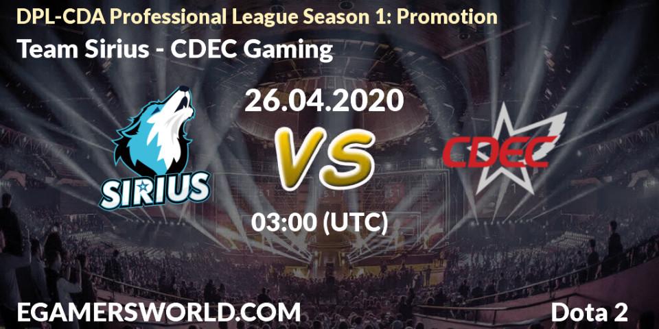Pronósticos Team Sirius - CDEC Gaming. 26.04.2020 at 04:04. DPL-CDA Professional League Season 1: Promotion - Dota 2