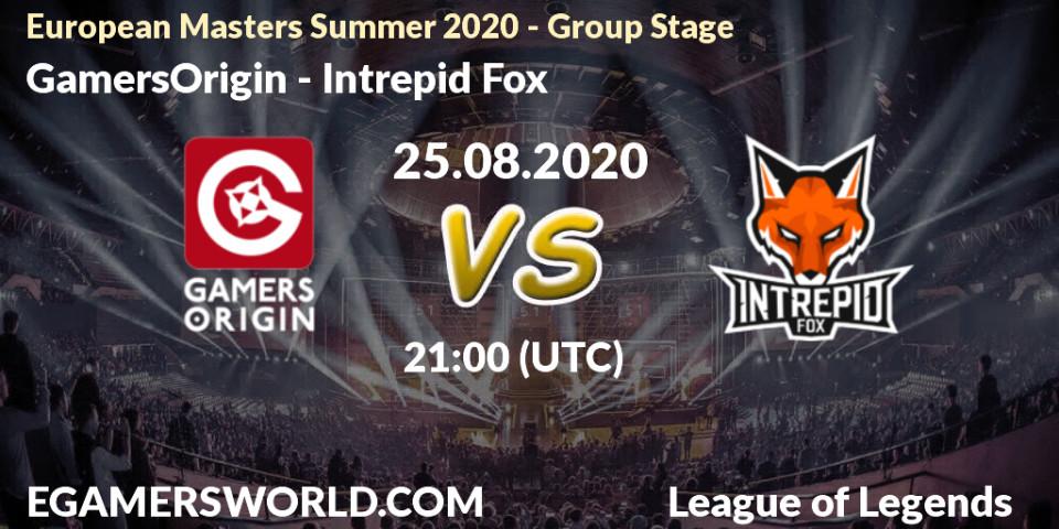 Pronósticos GamersOrigin - Intrepid Fox. 25.08.2020 at 21:00. European Masters Summer 2020 - Group Stage - LoL