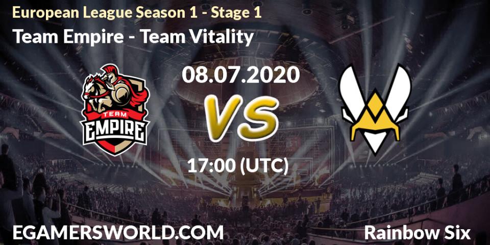 Pronósticos Team Empire - Team Vitality. 08.07.2020 at 17:00. European League Season 1 - Stage 1 - Rainbow Six