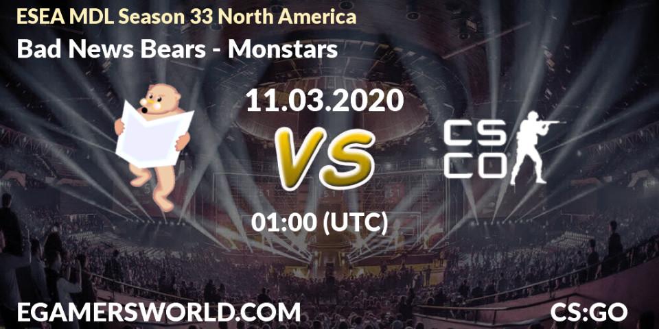 Pronósticos Bad News Bears - Monstars. 11.03.20. ESEA MDL Season 33 North America - CS2 (CS:GO)
