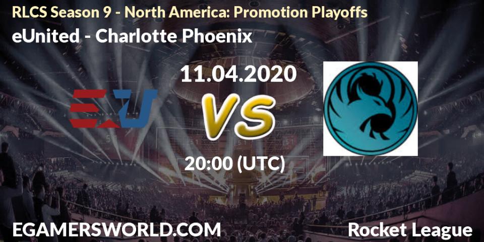 Pronósticos eUnited - Charlotte Phoenix. 11.04.2020 at 20:00. RLCS Season 9 - North America: Promotion Playoffs - Rocket League