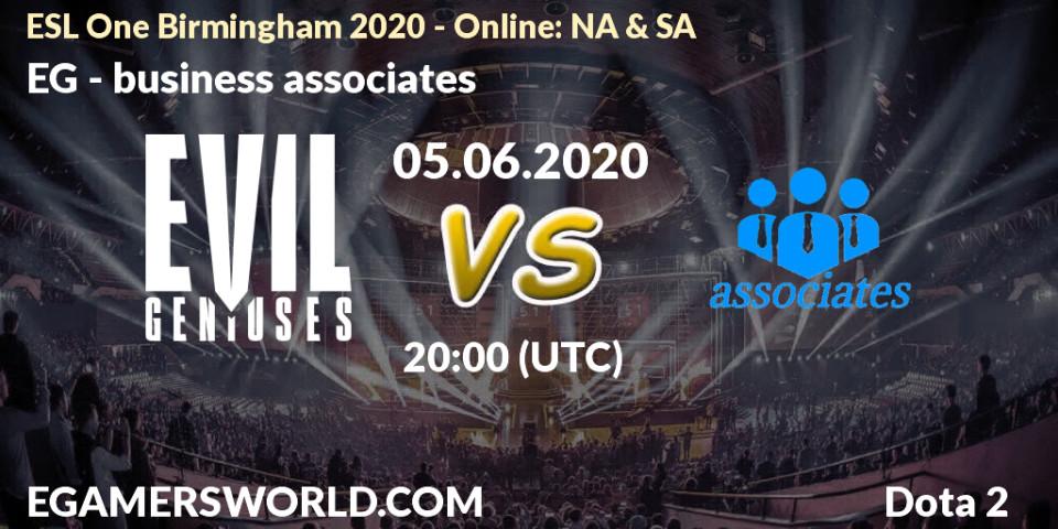 Pronósticos EG - business associates. 05.06.2020 at 18:52. ESL One Birmingham 2020 - Online: NA & SA - Dota 2
