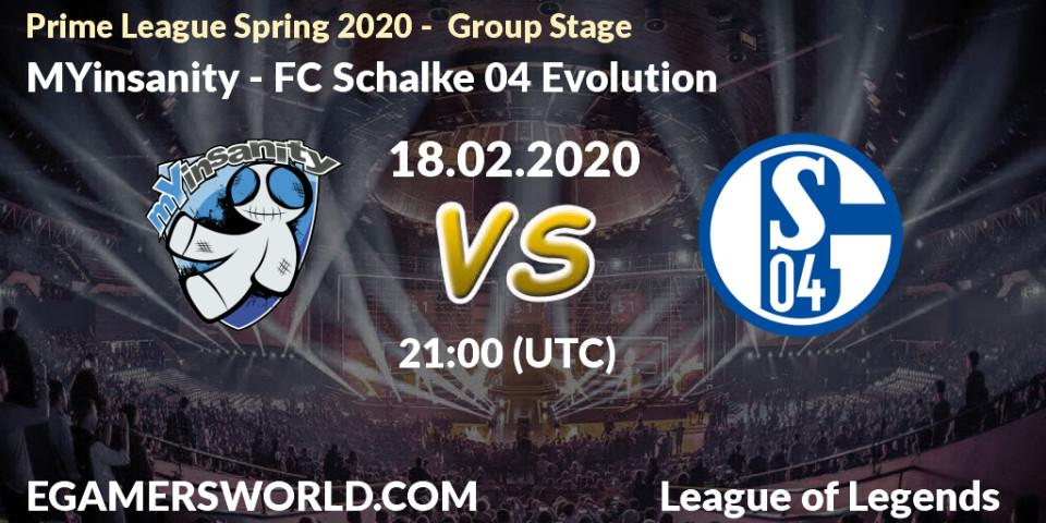 Pronósticos MYinsanity - FC Schalke 04 Evolution. 18.02.2020 at 18:00. Prime League Spring 2020 - Group Stage - LoL