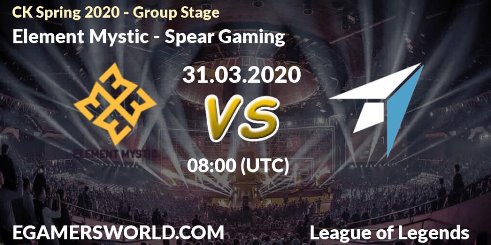 Pronósticos Element Mystic - Spear Gaming. 31.03.2020 at 07:51. CK Spring 2020 - Group Stage - LoL