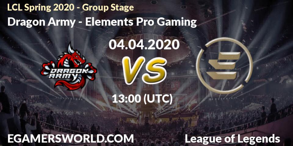 Pronósticos Dragon Army - Elements Pro Gaming. 04.04.2020 at 13:00. LCL Spring 2020 - Group Stage - LoL