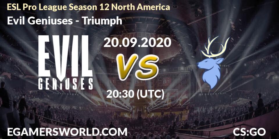 Pronósticos Evil Geniuses - Triumph. 20.09.2020 at 20:30. ESL Pro League Season 12 North America - Counter-Strike (CS2)