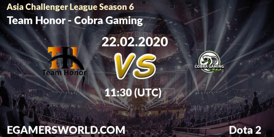 Pronósticos Team Honor - Cobra Gaming. 22.02.2020 at 11:56. Asia Challenger League Season 6 - Dota 2