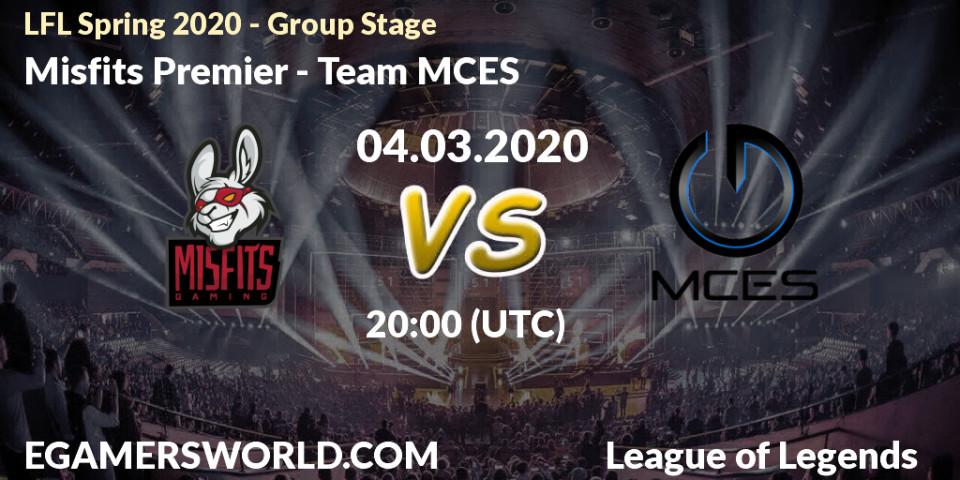 Pronósticos Misfits Premier - Team MCES. 04.03.2020 at 20:00. LFL Spring 2020 - Group Stage - LoL