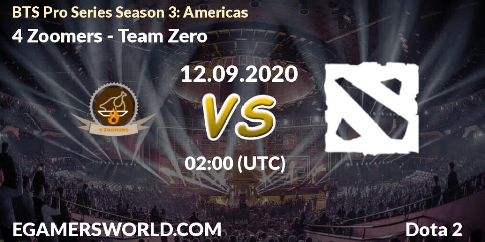 Pronósticos 4 Zoomers - Team Zero. 12.09.2020 at 03:45. BTS Pro Series Season 3: Americas - Dota 2