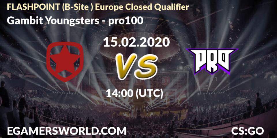 Pronósticos Gambit Youngsters - pro100. 15.02.20. FLASHPOINT Europe Closed Qualifier - CS2 (CS:GO)