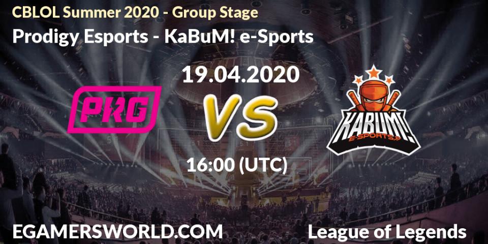 Pronósticos Prodigy Esports - KaBuM! e-Sports. 19.04.2020 at 16:00. CBLOL Summer 2020 - Group Stage - LoL