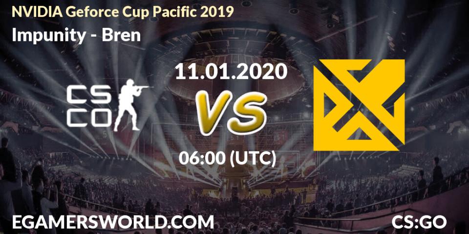 Pronósticos Impunity - Bren. 11.01.2020 at 07:20. NVIDIA Geforce Cup Pacific 2019 - Counter-Strike (CS2)