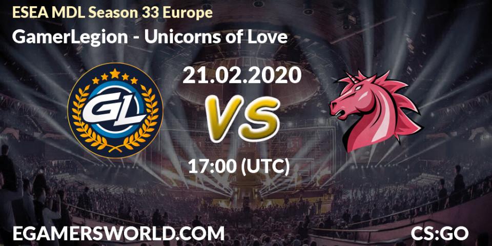 Pronósticos GamerLegion - Unicorns of Love. 21.02.2020 at 17:00. ESEA MDL Season 33 Europe - Counter-Strike (CS2)