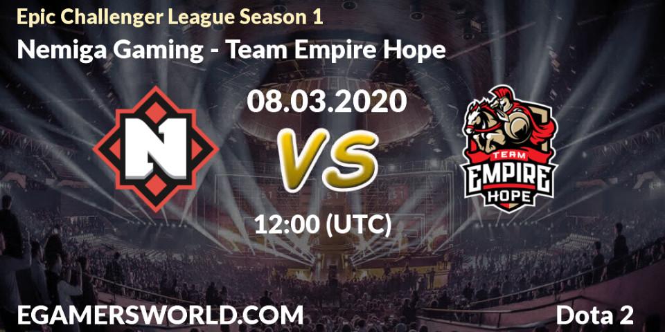 Pronósticos Nemiga Gaming - Team Empire Hope. 08.03.2020 at 08:58. Epic Challenger League Season 1 - Dota 2