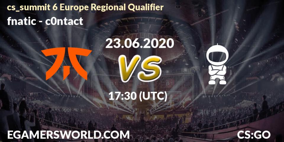 Pronósticos fnatic - c0ntact. 23.06.2020 at 17:35. cs_summit 6 Europe Regional Qualifier - Counter-Strike (CS2)