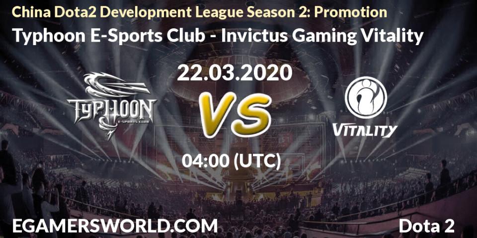 Pronósticos Typhoon E-Sports Club - Invictus Gaming Vitality. 22.03.2020 at 04:06. China Dota2 Development League Season 2: Promotion - Dota 2