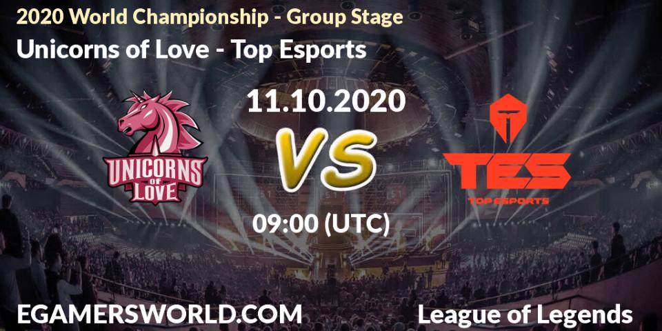 Pronósticos Unicorns of Love - Top Esports. 11.10.2020 at 09:00. 2020 World Championship - Group Stage - LoL