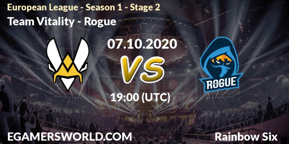 Pronósticos Team Vitality - Rogue. 07.10.2020 at 20:00. European League - Season 1 - Stage 2 - Rainbow Six