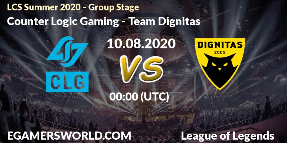 Pronósticos Counter Logic Gaming - Team Dignitas. 10.08.2020 at 00:00. LCS Summer 2020 - Group Stage - LoL