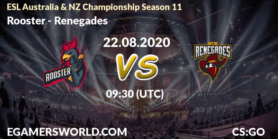 Pronósticos Rooster - Renegades. 22.08.2020 at 08:55. ESL Australia & NZ Championship Season 11 - Counter-Strike (CS2)