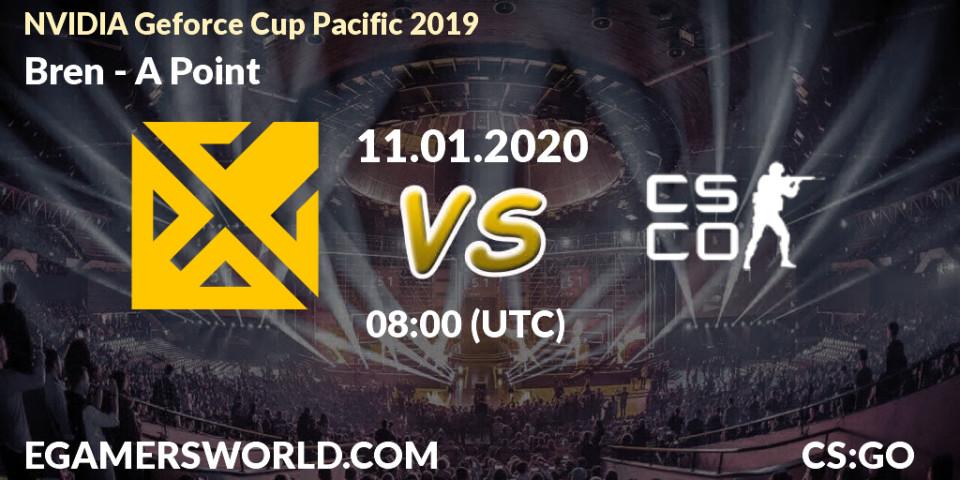Pronósticos Bren - A Point. 11.01.2020 at 08:40. NVIDIA Geforce Cup Pacific 2019 - Counter-Strike (CS2)