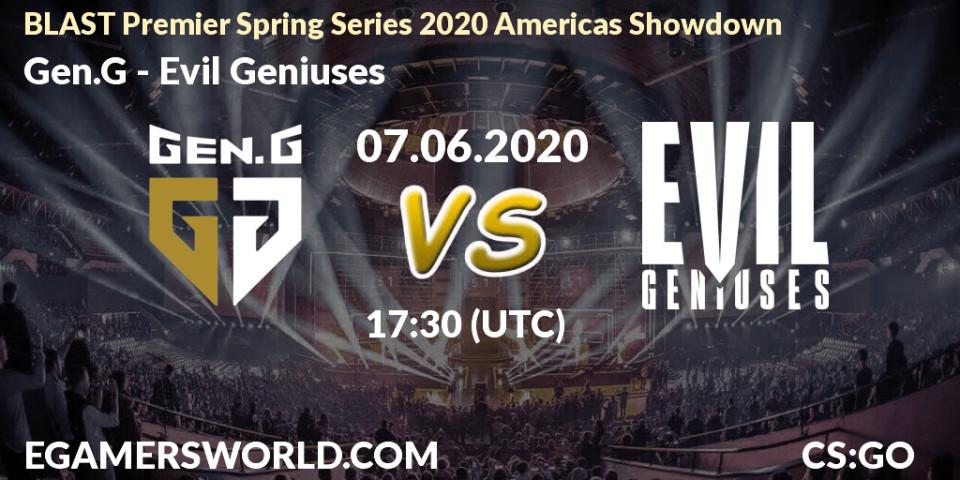 Pronósticos Gen.G - Evil Geniuses. 07.06.2020 at 17:30. BLAST Premier Spring Series 2020 Americas Showdown - Counter-Strike (CS2)