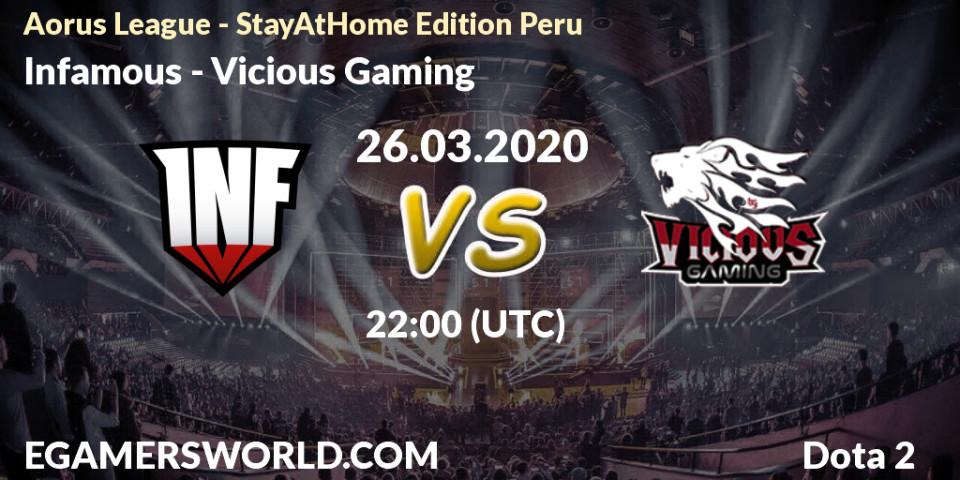 Pronósticos Infamous - Vicious Gaming. 26.03.2020 at 22:00. Aorus League - StayAtHome Edition Peru - Dota 2