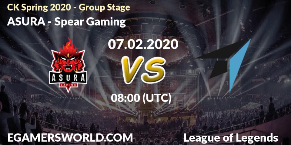 Pronósticos ASURA - Spear Gaming. 07.02.2020 at 06:45. CK Spring 2020 - Group Stage - LoL