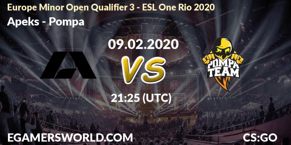 Pronósticos Apeks - Pompa. 09.02.2020 at 21:25. Europe Minor Open Qualifier 3 - ESL One Rio 2020 - Counter-Strike (CS2)