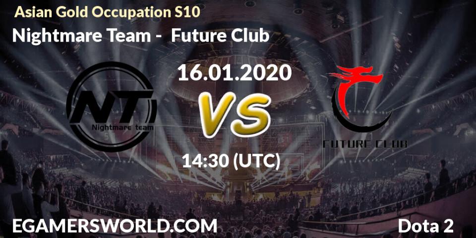 Pronósticos Nightmare Team - Future Club. 16.01.2020 at 13:34. Asian Gold Occupation S10 - Dota 2