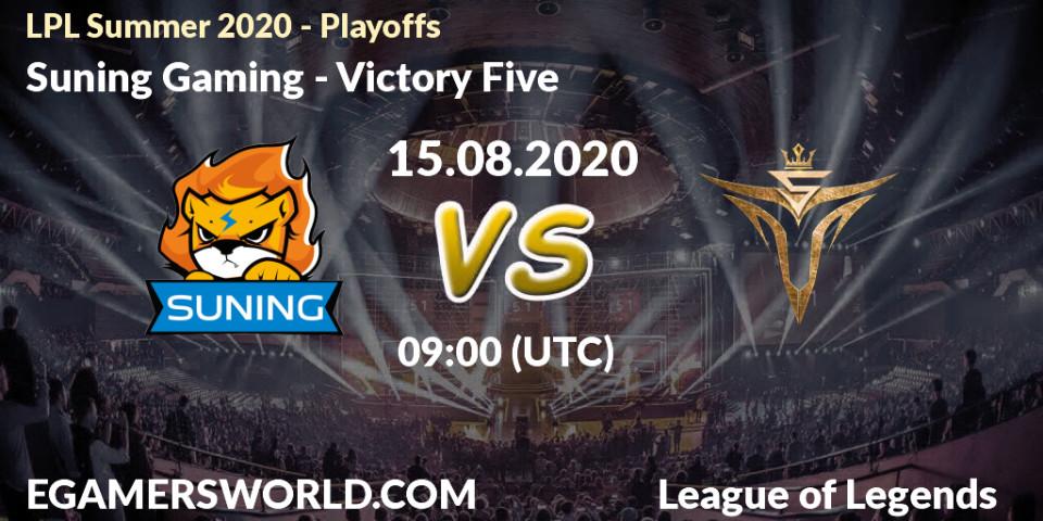 Pronósticos Suning Gaming - Victory Five. 15.08.2020 at 09:18. LPL Summer 2020 - Playoffs - LoL