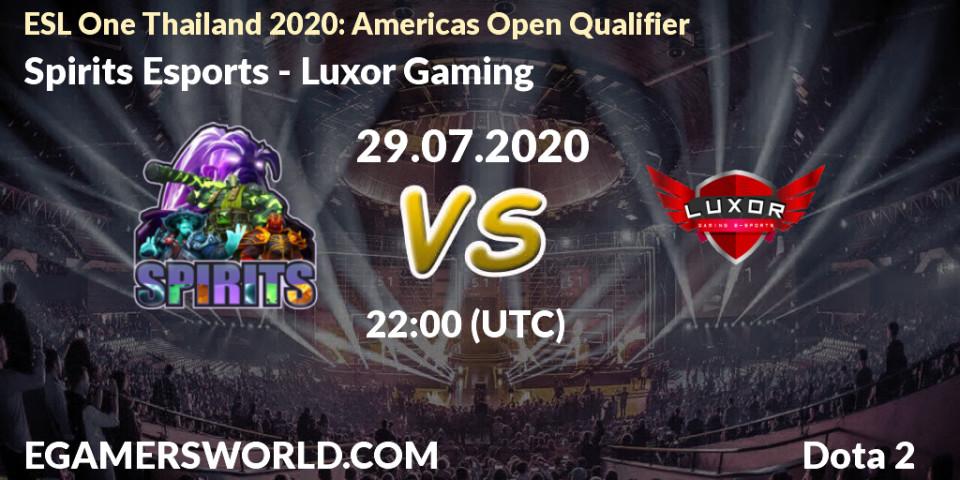Pronósticos Spirits Esports - Luxor Gaming. 29.07.2020 at 22:00. ESL One Thailand 2020: Americas Open Qualifier - Dota 2