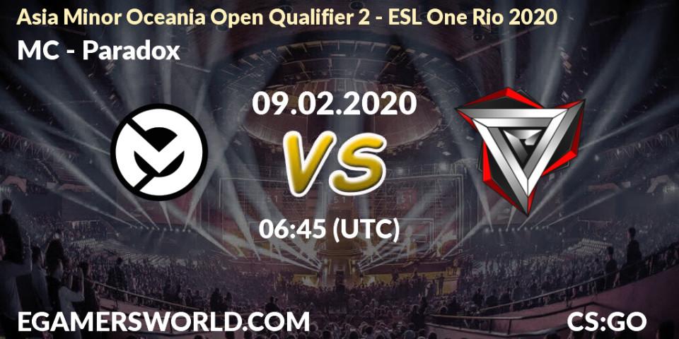 Pronósticos MC - Paradox. 09.02.20. Asia Minor Oceania Open Qualifier 2 - ESL One Rio 2020 - CS2 (CS:GO)