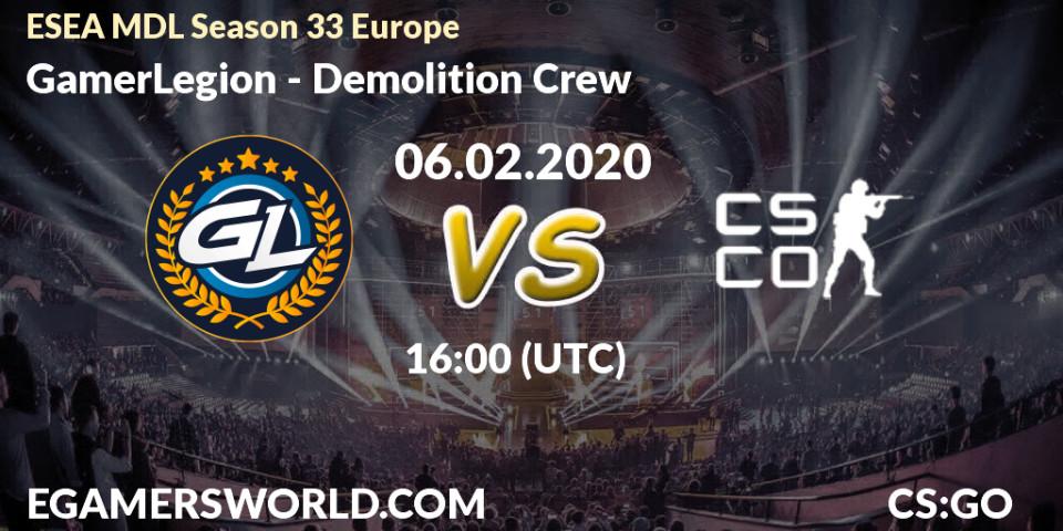 Pronósticos GamerLegion - Demolition Crew. 06.02.2020 at 16:00. ESEA MDL Season 33 Europe - Counter-Strike (CS2)
